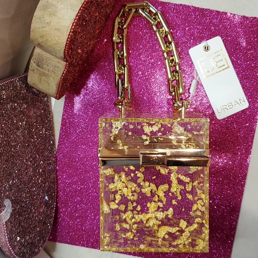 🎉HP🎉Urban Expressions 💜NWT💜 Acrylic Gold Foil Box Bag & Gold Chain Handle! - Picture 10 of 15